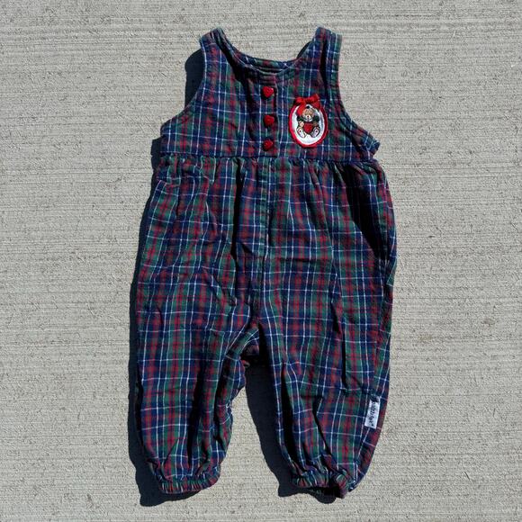 Vintage 90s HealthTex plaid bear romper jumper blue red green Christmas 12 MO - Picture 1 of 9